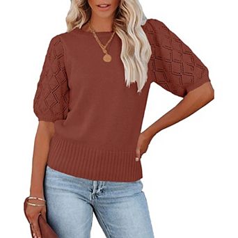 Women's Short Sleeve Knit Top Crew Neck Lightweight Crochet Pullover Summer Tees