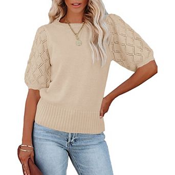 Women's Short Sleeve Knit Top Crew Neck Lightweight Crochet Pullover Summer Tees