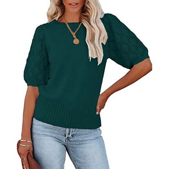 Women's Short Sleeve Knit Top Crew Neck Lightweight Crochet Pullover Summer Tees