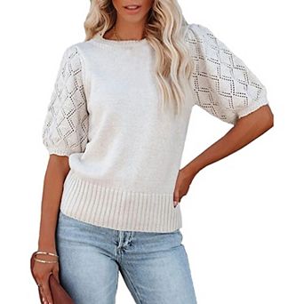 Women's Short Sleeve Knit Top Crew Neck Lightweight Crochet Pullover Summer Tees