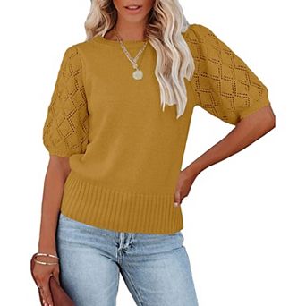 Women's Short Sleeve Knit Top Crew Neck Lightweight Crochet Pullover Summer Tees
