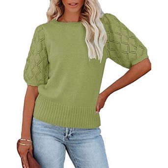 Women's Short Sleeve Knit Top Crew Neck Lightweight Crochet Pullover Summer Tees