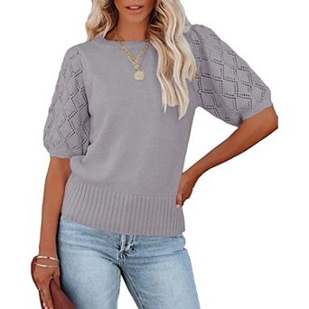 Women's Short Sleeve Knit Top Crew Neck Lightweight Crochet Pullover Summer Tees