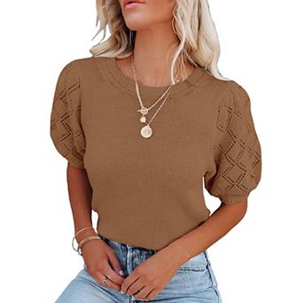 Women's Short Sleeve Knit Top Crew Neck Lightweight Crochet Pullover Summer Tees
