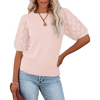 Women's Short Sleeve Knit Top Crew Neck Lightweight Crochet Pullover Summer Tees