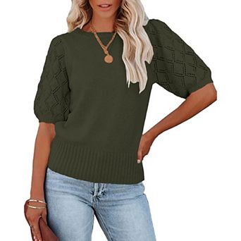 Women's Short Sleeve Knit Top Crew Neck Lightweight Crochet Pullover Summer Tees