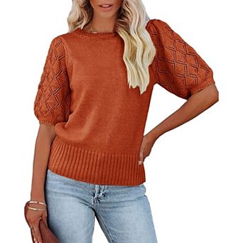 Women's Short Sleeve Knit Top Crew Neck Lightweight Crochet Pullover Summer Tees