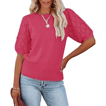 Women's Short Sleeve Knit Top Crew Neck Lightweight Crochet Pullover Summer Tees