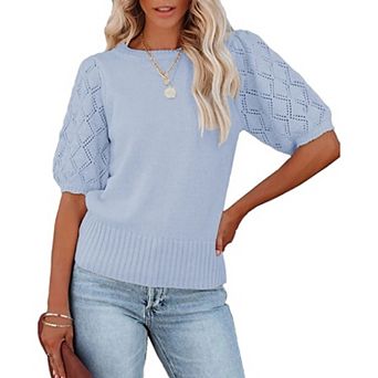 Women's Short Sleeve Knit Top Crew Neck Lightweight Crochet Pullover Summer Tees