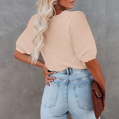 Women's Short Sleeve Knit Top Crew Neck Lightweight Crochet Pullover Summer Tees