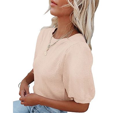 Women's Short Sleeve Knit Top Crew Neck Lightweight Crochet Pullover Summer Tees