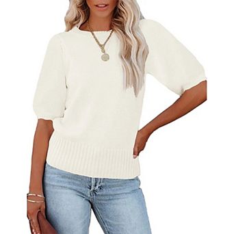 Women's Short Sleeve Knit Top Crew Neck Lightweight Crochet Pullover Summer Tees