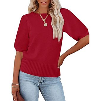 Women's Short Sleeve Knit Top Crew Neck Lightweight Crochet Pullover Summer Tees