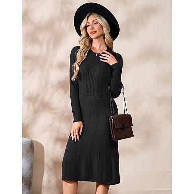 Women's Winter Knitted Crewneck Fit and Flare Sweater Dress
