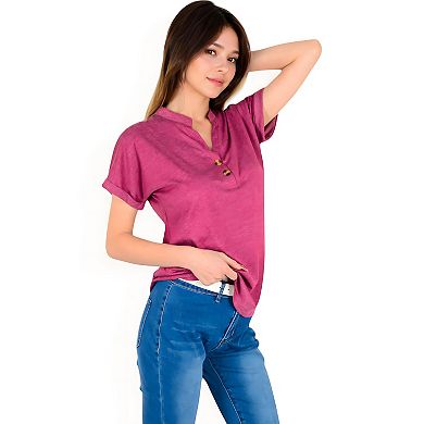 Women's Short Sleeve Button Front V-Neck Shirt