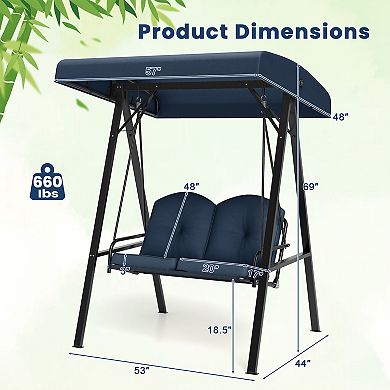 2-Person Outdoor Porch Swing with A-Shaped Metal Stand and Adjustable Canopy