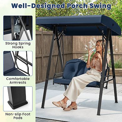 2-Person Outdoor Porch Swing with A-Shaped Metal Stand and Adjustable Canopy