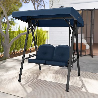 2-Person Outdoor Porch Swing with A-Shaped Metal Stand and Adjustable Canopy