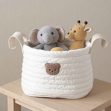 Soft Fabric Storage Basket with Embroidered Teddy Bear Design and Side Handles