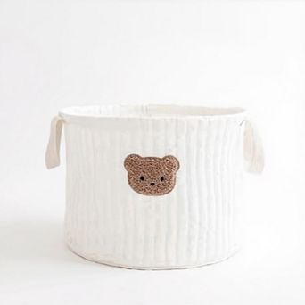 Soft Fabric Storage Basket with Embroidered Teddy Bear Design and Side Handles