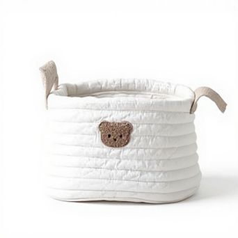 Soft Fabric Storage Basket with Embroidered Teddy Bear Design and Side Handles