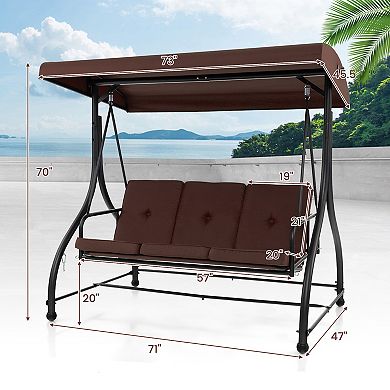 3-Seat Outdoor Porch Swing with Adjustable Canopy and Convertible Bed