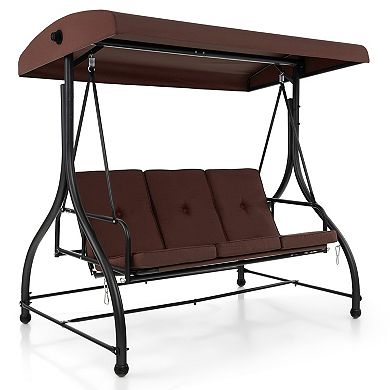 3-Seat Outdoor Porch Swing with Adjustable Canopy and Convertible Bed