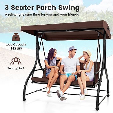 3-Seat Outdoor Porch Swing with Adjustable Canopy and Convertible Bed