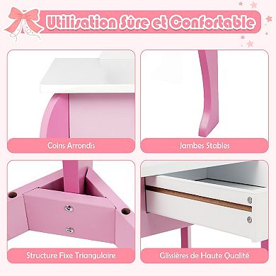 Kids Wooden Makeup Dressing Table and Chair Set with Mirror and Drawer