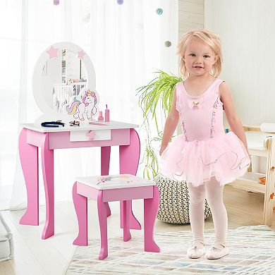 Kids Wooden Makeup Dressing Table and Chair Set with Mirror and Drawer