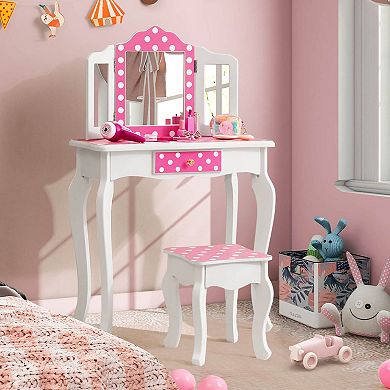 Kids Vanity Table and Stool Set with Polka Dot Print and Storage Drawer