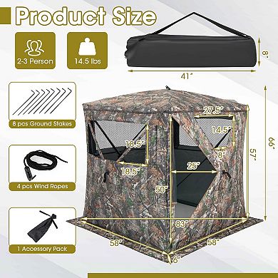 2-3 Person Hunting Blind Portable Pop Up Ground Tent with Carry Bag and Storage Pocket