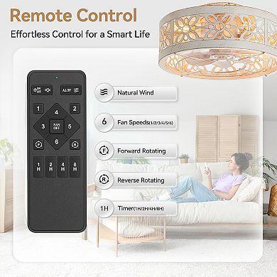 17-Inch Indoor Flush Mount Cage Ceiling Fan with 7 ABS Blades, 6-Speed DC Motor, Remote with Timer