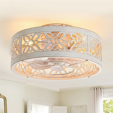 17-Inch Indoor Flush Mount Cage Ceiling Fan with 7 ABS Blades, 6-Speed DC Motor, Remote with Timer