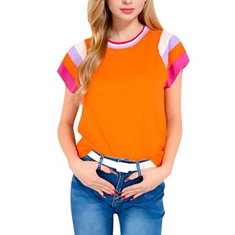 Women's Colorblock Knit Short Sleeve Top with Bold Striped Sleeves