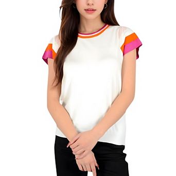 Women's Colorblock Knit Short Sleeve Top with Bold Striped Sleeves