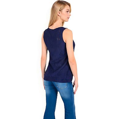 Women's Sleeveless Blouse with Keyhole Neckline and Geometric Eyelet Design