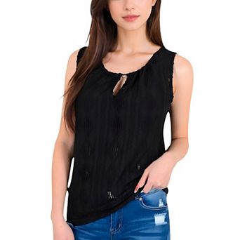 Women's Sleeveless Blouse with Keyhole Neckline and Geometric Eyelet Design