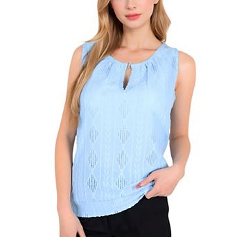 Women's Sleeveless Blouse with Keyhole Neckline and Geometric Eyelet Design
