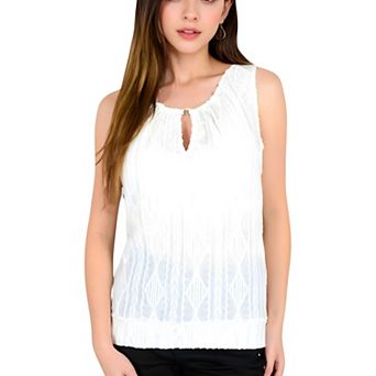 Women's Sleeveless Blouse with Keyhole Neckline and Geometric Eyelet Design