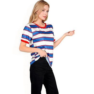 Women's Short Sleeve Striped Casual Tee with Contrast Trim