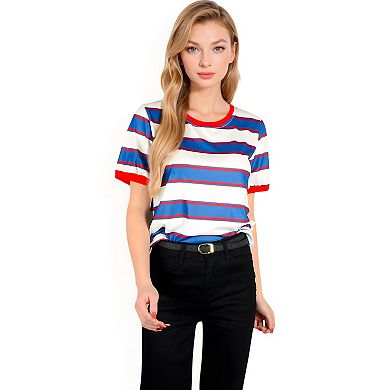 Women's Short Sleeve Striped Casual Tee with Contrast Trim