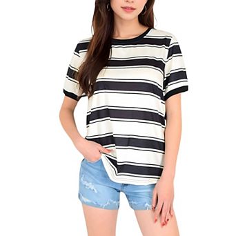 Women's Short Sleeve Striped Casual Tee with Contrast Trim