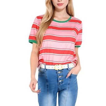 Women's Short Sleeve Striped Casual Tee with Contrast Trim