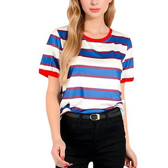 Women's Short Sleeve Striped Casual Tee with Contrast Trim