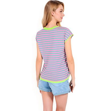 Women's Striped Knit Cap Sleeve Top with Contrast Trim