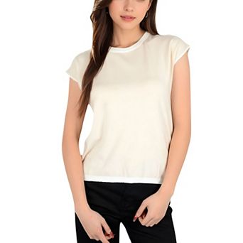 Women's Striped Knit Cap Sleeve Top with Contrast Trim