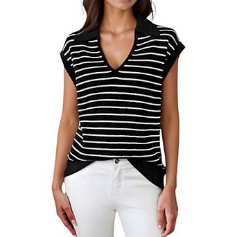 Women's Striped Knit Sleeveless Sweater Vest with Collared V-Neck