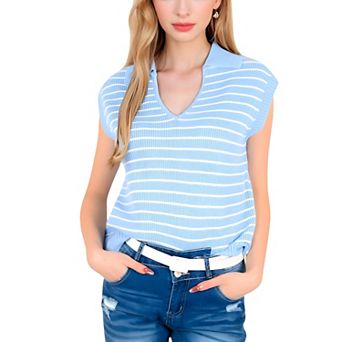 Women's Striped Knit Sleeveless Sweater Vest with Collared V-Neck