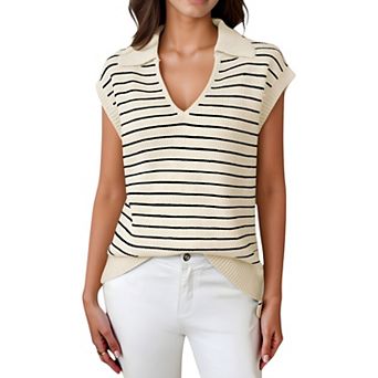 Women's Striped Knit Sleeveless Sweater Vest with Collared V-Neck